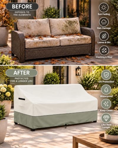 Patio 3-Seater Sofa Cover,Outdoor Couch Cover Fits up to 79W x 38D x 35H Inches,100% Waterproof Heavy Duty Patio Furniture Covers,Beige & Gray-Green