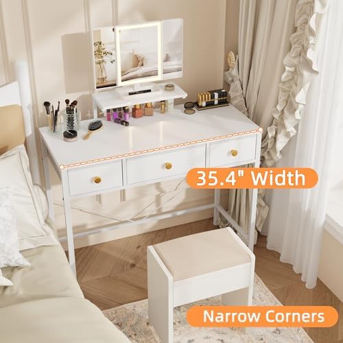 Small Makeup Vanity Desk 35''W with Mirror and Lights, 3 Drawers