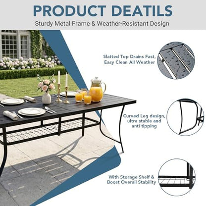 77" Extra Large Outdoor Metal Dining Table, Rectangular Wrought Iron Patio Table for 8 People, Weather-Resistant Steel Slatted Table with Umbrella Hole for Party & Backyard