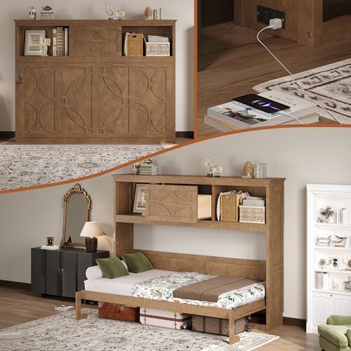 MERITLINE Twin Horizontal Murphy Bed with Storage Bookcase Shelves & Drawer and Charging Station,Solid Wood Farmhouse Murphy Wall Bed with Storage, Slat Support (Natural Wood)