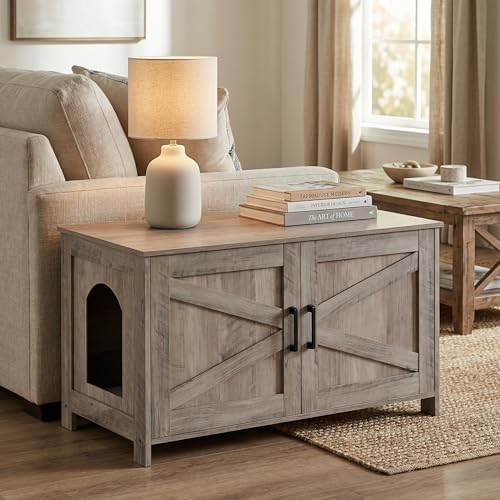 39.4" L Cat Litter Box Enclosure with Barn Door, Greige