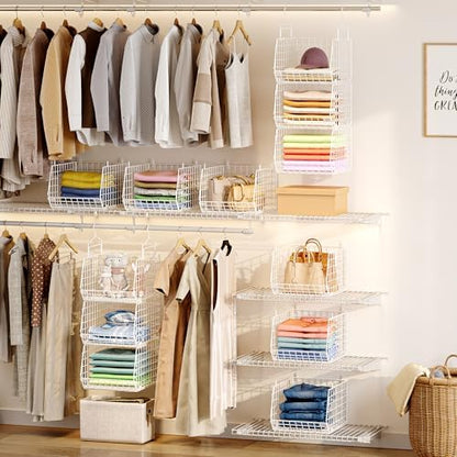 4" Extra Deeper Foldable Hanging Closet Organizer, Small Wire Cabinet Shelves and Storage with 5 S Hooks,4 Tier Metal Basket Bins for Clothes Sweaters Handbags, Wardrobe for Kitchen Laundry Room，White