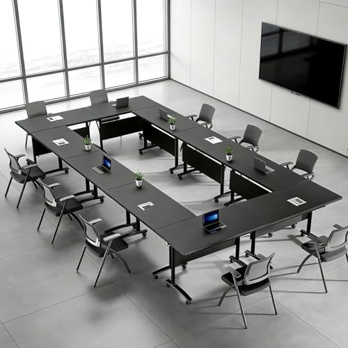 Conference Table, Folding Conference Room Tables with Wheels, Modular Flip Top Nesting Training Table, Modern Rolling Meeting Stackable Tables for Mobile Office Boardroom Classroom, Gray 4Pack