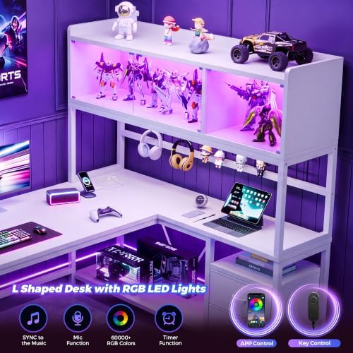 L Shaped Gaming Desk with Drawers, Corner Computer Desk with LED Tempered Glass Display Cabinet, Shaped L Office Desk with Charging Station and Fabric Drawer, PC Desk for Gaming and Office, White