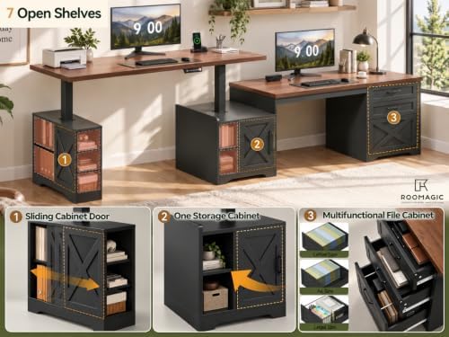 Farmhouse L Shaped Standing Desk with Storage 67" 2-in-1 Convertible,Walnut