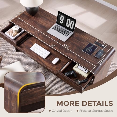 63" Modern Computer Desk with 2 Drawers, Wood Curved (Brown)