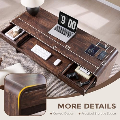 63" Modern Computer Desk with 2 Drawers, Wood Curved (Brown)