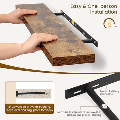 Dreamland 36Inch Floating Shelves for Wall, Rustic Wooden Floating Shelves for Bathroom|Bedroom|Kitchen, 2 Pack Deep Wall Mounted Book Shelf, Wood Storage Display Shelf for Home Decor, Brown