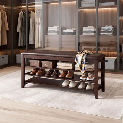 3-Tier Shoe Bench 47" Solid Wood Leather Cushion Shoe Storage Bench