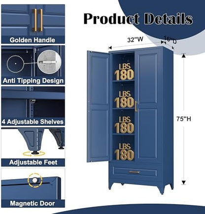SteeLoong 75" Metal Storage Cabinet with Doors and 3 Adjustable Shelves