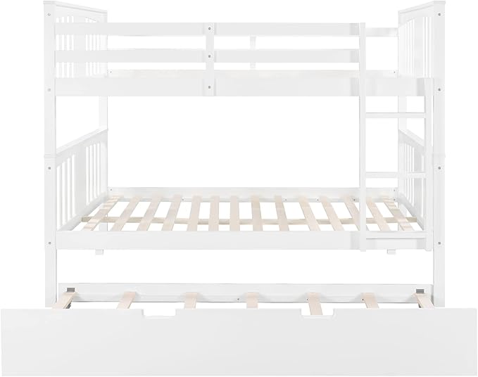 Merax Full Over Full Bunk Bed with Trundle, Convertible to Two Separate Beds, Solid Pine Wood Frame with Safety Guardrail & Headboard/Footboard, Sturdy Durable Design, No Box Spring Needed, White