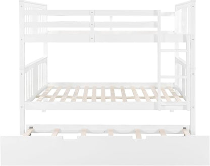 Merax Full Over Full Bunk Bed with Trundle, Convertible to Two Separate Beds, Solid Pine Wood Frame with Safety Guardrail & Headboard/Footboard, Sturdy Durable Design, No Box Spring Needed, White