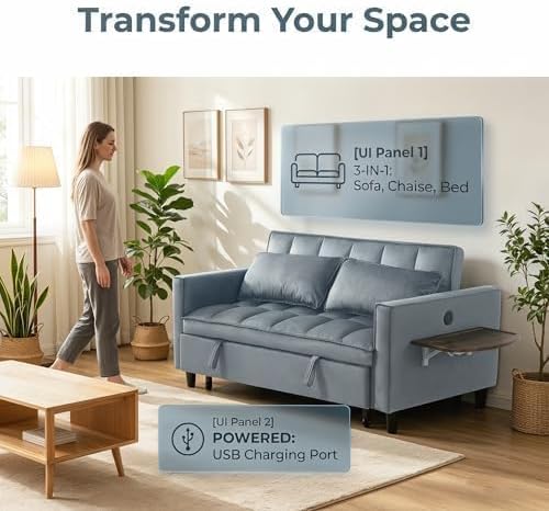 4 in 1 Convertible Sofa Bed, Pull Out Couch with Adjustable Backrest, Loveseat Sleeper Sofa Bed with USB Ports and Side Table, Couch Beds for Living Room, Bedroom, Apartment, Gray