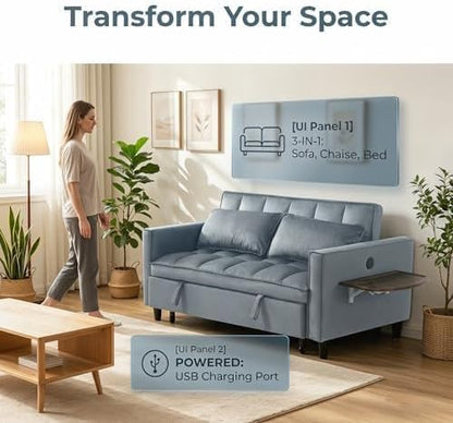 4 in 1 Convertible Sofa Bed, Pull Out Couch with Adjustable Backrest, Loveseat Sleeper Sofa Bed with USB Ports and Side Table, Couch Beds for Living Room, Bedroom, Apartment, Gray