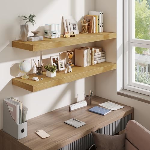 48 Inch Floating Shelves for Wall - 12 Inch Deep Fireplace Mantel Shelf - Wood Floating Shelf for Wall - Large Storage Shelves Wall Mount for Living Room & Bedroom - Oak - Set of 1