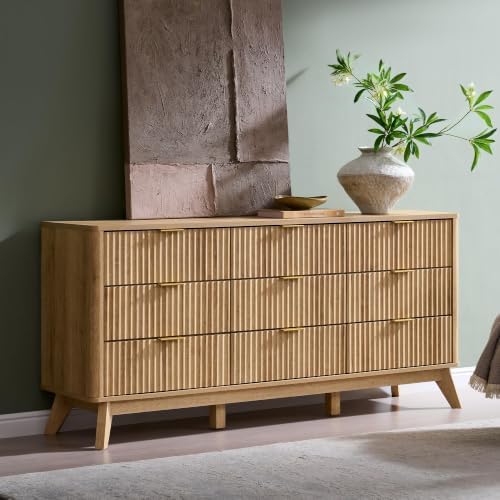 T4TREAM 63" Wide Fluted 9 Drawer Dresser for Bedroom, Natural Oak
