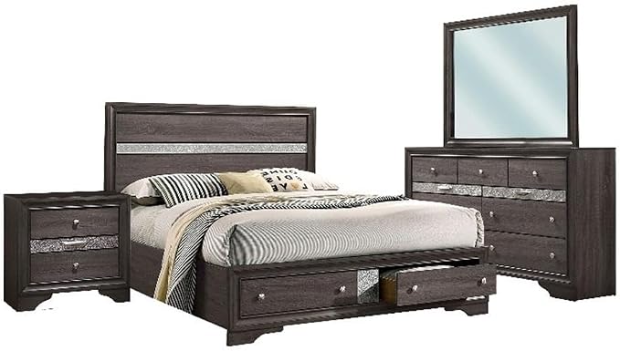 Pemberly Row 4-Piece King Bedroom Set, Solid Wood and Veneer, Gray Finish with Silver Accents, Panel Bed with Storage Footboard, Dresser with Mirror, Nightstand, Elegant Modern Bedroom Furniture