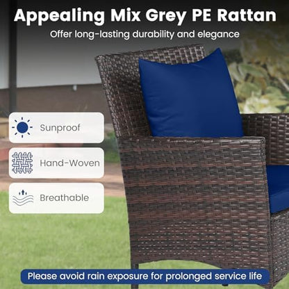 Tangkula 3 Pieces Patio Wicker Bistro Set, 2 Rattan Chairs w/ 2-Tier Tempered Glass Table, Outdoor Conversation Furniture Set with Cushions for Backyard, Porch, Poolside (Mix Brown+Navy)