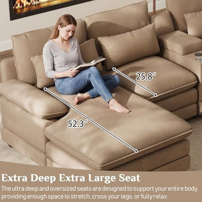 OUYESSIR 132" U Shaped Cloud Sectional Couch with USB Port, Light Brown
