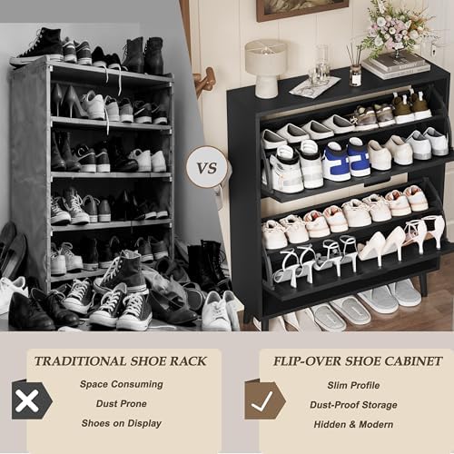 Fluted Black Shoe Cabinet with 2 Flip Drawers, Narrow Wood Shoe Storage Cabinet, Slim Shoe Rack for Entryway, Freestanding Shoe Cabinet for Living Room, Hallway