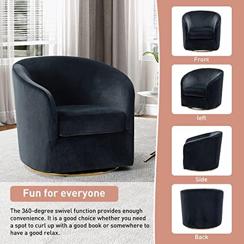 HULALA HOME Swivel Accent Chair with Gold Metal Base, Contemporary Velvet Curved Swivel Barrel Chair, Upholstered Club Armchair, Leisure Single Sofa for Living Room, Nursery, Bedroom(Black)