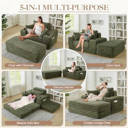 5-In-1 Oversized Chaise Lounge Chair Indoor with Ottoman,54.5"W Faux Fur Convertible Folding Sleeper Sofa Bed with Cup Holder&Side Pocket,Comfy Boneless Couch Sofa Chair for Living Room,Bedroom(Green)