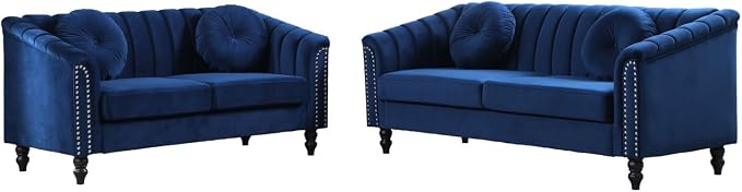 Sectional Sofa Set, Microfiber Chesterfield Upholstered Sofas Loveseat Couch Chair Sets with Style Button Tufted, Scroll Arms and Nailhead for Living Room, Office, Apartment, Blue,S