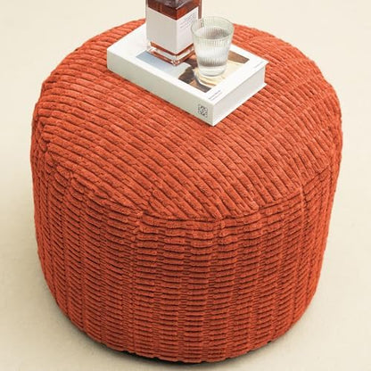 Round Stuffed Pouf Ottoman for Foot Rest 20" X 15" Faux Fur Poufs, Orange