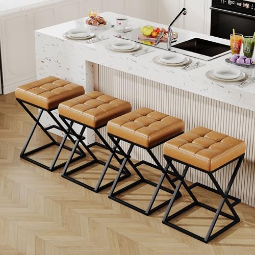 Backless Bar Stools Set of 4, 26 Inch Counter Barstools, PU Brown