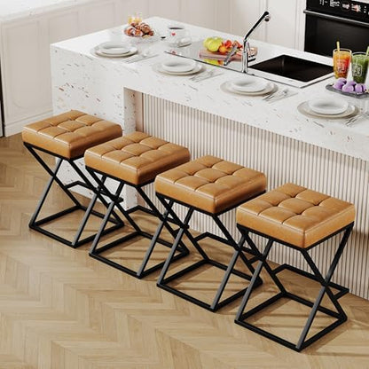 Backless Bar Stools Set of 4, 26 Inch Counter Barstools, PU Brown