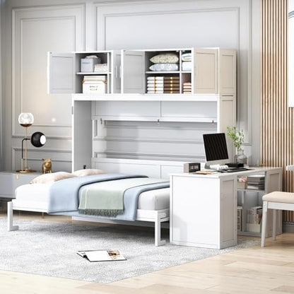 MERITLINE Queen Horizontal Murphy Bed with Desk and Storage Bookcase Shelves,Pine Wood Murphy Wall Bed with Storage Shelves and Desk,for Adults (White)