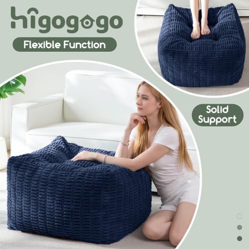 HIGOGOGO Square Stuffed Pouf Ottoman, Blended Corduroy Poufs with Foam Chunk Filling, 25.6 x 25.6 Inches Floor Poufs Foot Rest for Living Room, Navy