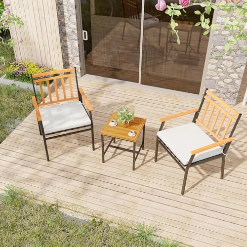 Tangkula 3 Pieces Acacia Wood Bistro Set, Patio Conversation Set with Cushions and Coffee Table, Outdoor Bistro Table and Chairs Set for Porch, Balcony, Garden and Backyard (Off White)
