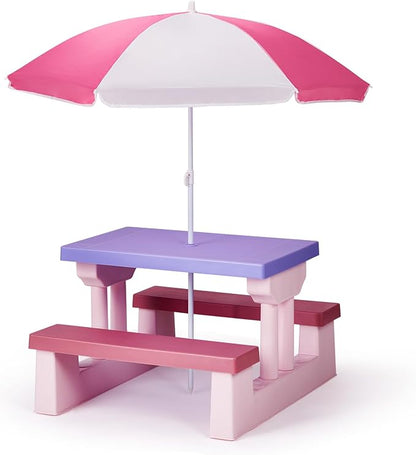JOYMOR Kids Picnic Table with Removable Umbrella, Plastic Kids Activity Table for Outdoors, Toddler Table and Bench Set for Ages 3+, Ideal for Garden, Patio, Pink & Purple