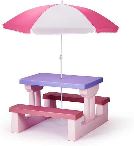 JOYMOR Kids Picnic Table with Removable Umbrella, Plastic Kids Activity Table for Outdoors, Toddler Table and Bench Set for Ages 3+, Ideal for Garden, Patio, Pink & Purple
