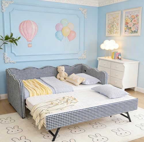 Bellemave Twin Size daybed with Trundle for Adults, Kids, Girls, Teens, daybeds with Trundle for Living Room, Linen,Navy Gingham(Mattress not Included)