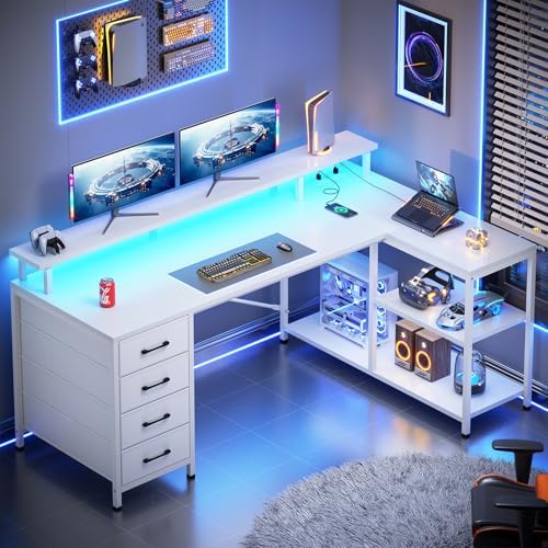 SEDETA L Shaped Gaming Desk with 4 Drawers, Shelves, Power Outlets, White