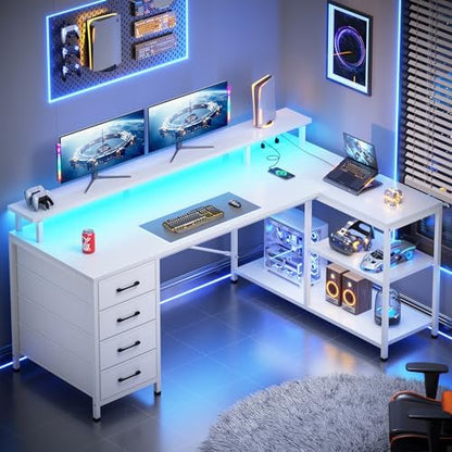 SEDETA L Shaped Gaming Desk with 4 Drawers, Shelves, Power Outlets, White