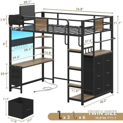 Twin Loft Bed with Desk and 6 Storage Drawers, Loft Bed Twin Size