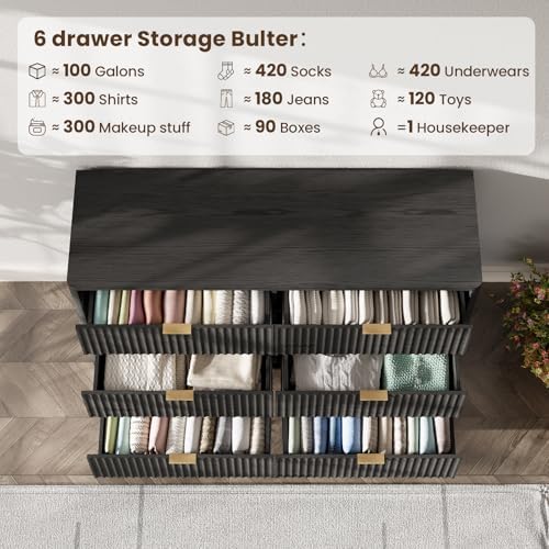 47" Wide Fluted 6 Drawers Dresser for Bedroom,with Curved Edge,Balck
