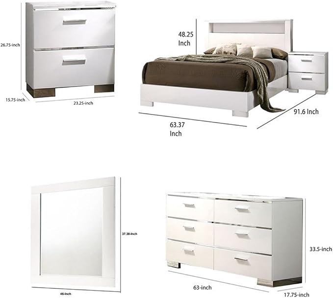 Pemberly Row 4 Pc Queen Bedroom Set, Solid Wood and Veneer, High Gloss White Finish, LED Headboard with Shelf, Chrome Accents, Includes Nightstand, Dresser, Mirror, Modern Bedroom Furniture
