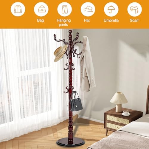 Wooden Coat Rack Freestanding with Round Base, 18 Hooks, Walnut