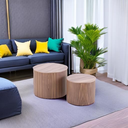 Nesting Coffee Tables Set of 2, Wooden Round Fluted Coffee Tables with Storage, Accent Drum Side Table, Luxury Modern Circle End Table for Small Spaces Living Room Bedroom Balcony Office, Walnut