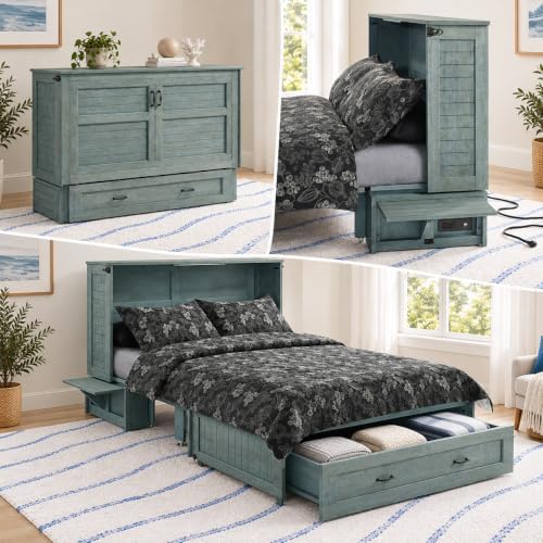NIGHT & DAY Furniture Poppy Murphy Cabinet Bed with 6" Premium Gel Memory Foam Mattress, Queen, Antique Blue