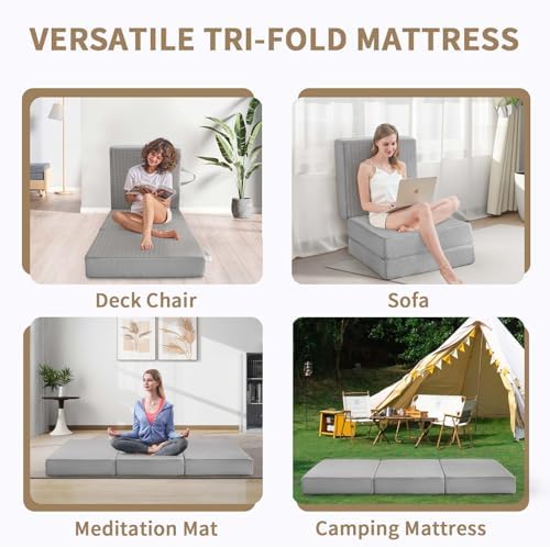 CYMULA Folding Mattress Single Size,6" Tri-Fold Floor Mat for Naps,Grey