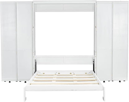 MERITLINE Queen Murphy Bed Cabinet with Storage Bookshelf Bookcase, Wood Hidden Foldable White Murphy Wall Bed with Storage Shelves for Adults