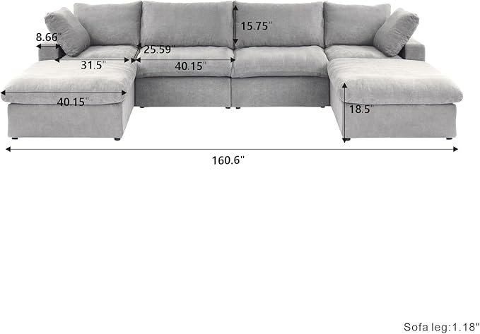 Cloud Modular Sectional Sofa,160.6" U-Shaped Convertible Couch with Storage Ottoman for Living Room, Minimalist Deep Sofa Couches, Sofa Covers Washable&Replaceable, Grey