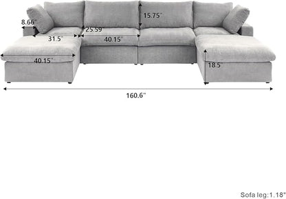 Cloud Modular Sectional Sofa,160.6" U-Shaped Convertible Couch with Storage Ottoman for Living Room, Minimalist Deep Sofa Couches, Sofa Covers Washable&Replaceable, Grey