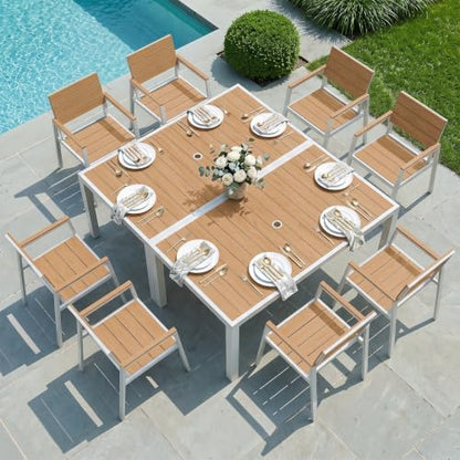 Vexwalx 10 Pcs Outdoor Dining Set, 67" HDPS Dining Set for 8, White-Teak