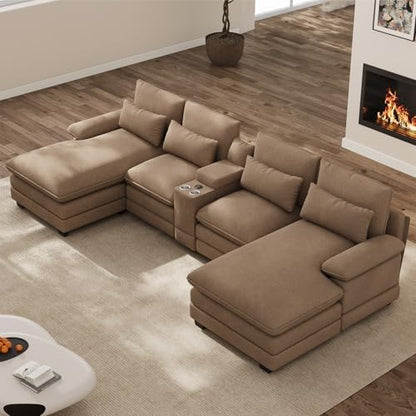 OUYESSIR 132" U Shaped Cloud Sectional Couch with USB Port, Light Brown